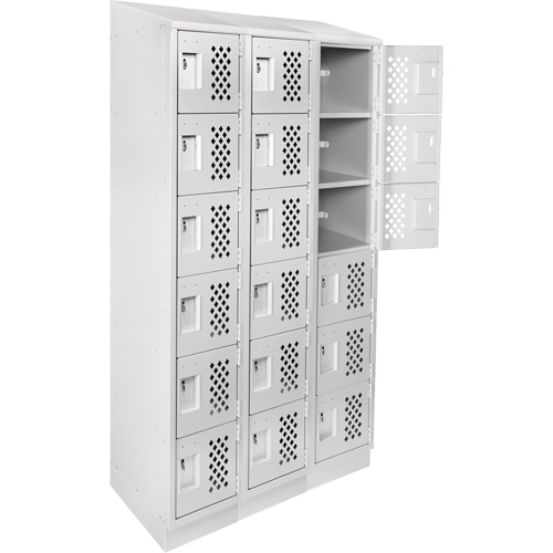 Assembled Lockerettes Clean Line Perforated Economy Lockers, 6 -tier, Bank of 3, 18" x 72" x 12", Steel Trail Hammer and Bolt