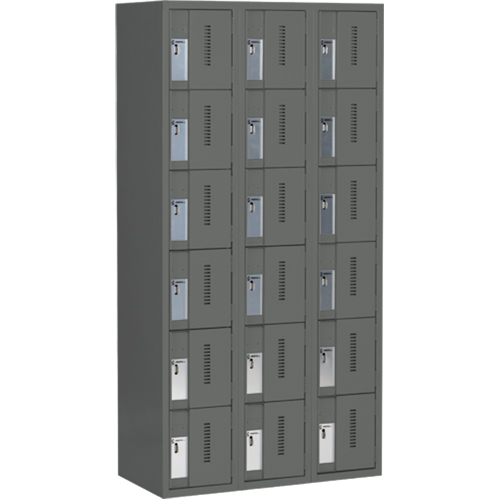 Concorde Heavy-Duty Lockers, 6 -tier, Bank of 3, 36" x 18" x 72", Steel, Charcoal, Welded (Assembled) Trail Hammer and Bolt