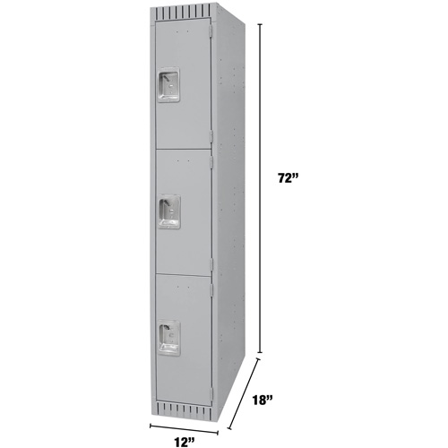 Lockers, 3 -tier, 12" x 18" x 72", Steel, Grey, Knocked Down Trail Hammer and Bolt