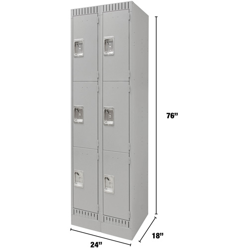 Lockers, 3 -tier, Bank of 2, 24" x 18" x 76", Steel, Grey, Knocked Down Trail Hammer and Bolt