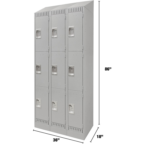 Lockers, 3 -tier, Bank of 3, 36" x 18" x 86", Steel, Grey, Knocked Down Trail Hammer and Bolt