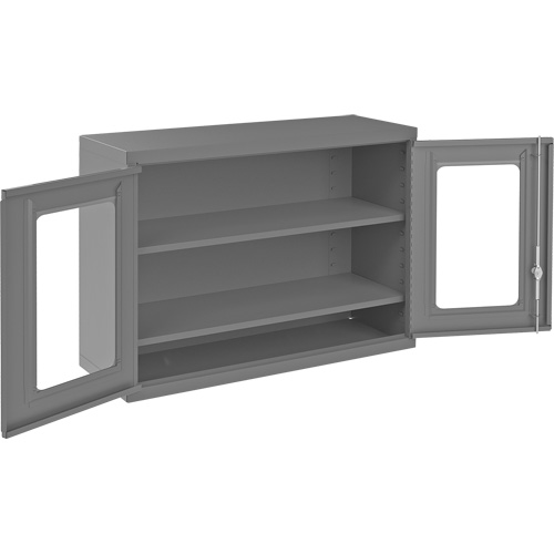 Armoire de rangement murale avec portes transparentes, 26-15/16" h x 35-7/8" la x 13-11/16" p, 2 tablettes, Acier, Gris Trail Hammer and Bolt