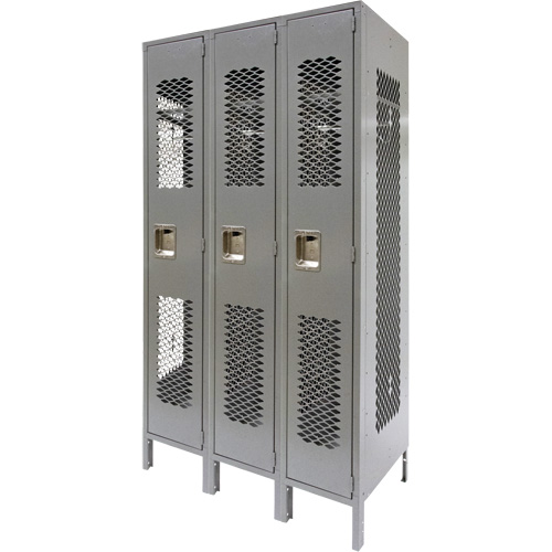 Vented Lockers, Bank of 3, 36" x 18" x 78", Steel, Grey, Knocked Down, Perforated Trail Hammer and Bolt