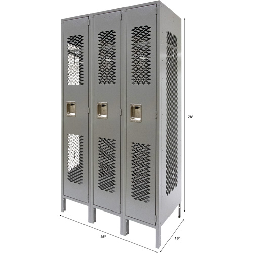 Vented Lockers, Bank of 3, 36" x 18" x 78", Steel, Grey, Knocked Down, Perforated Trail Hammer and Bolt
