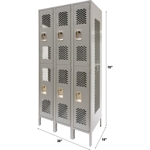 Casiers ventil&eacute;s, 2 niveaux, Bloc de 3, 36" x 18" x 78", Acier, Gris, D&eacute;mont&eacute;, Perfor&eacute; Trail Hammer and Bolt