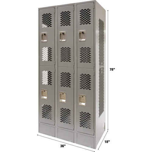 Casiers ventil&eacute;s, 2 niveaux, Bloc de 3, 36" x 18" x 78", Acier, Gris, D&eacute;mont&eacute;, Perfor&eacute; Trail Hammer and Bolt