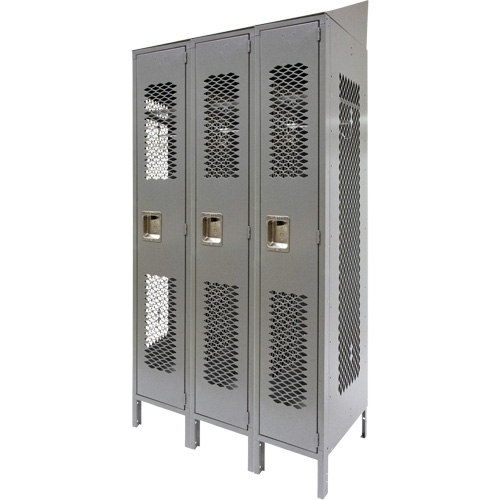 Vented Lockers, Bank of 3, 36" x 18" x 88", Steel, Grey, Knocked Down, Perforated Trail Hammer and Bolt