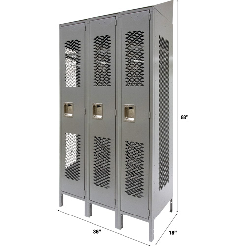 Vented Lockers, Bank of 3, 36" x 18" x 88", Steel, Grey, Knocked Down, Perforated Trail Hammer and Bolt