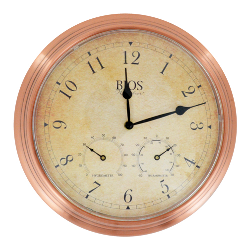 3-in-1 Outdoor Clock, Analog, Battery Operated, 14" Dia., Brown Trail Hammer and Bolt