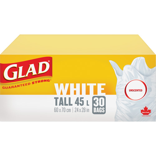 Tall 45L Unscented Garbage Bags, Regular, 24" W x 28" L, White Trail Hammer and Bolt
