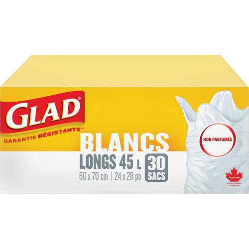Tall 45L Unscented Garbage Bags, Regular, 24" W x 28" L, White Trail Hammer and Bolt