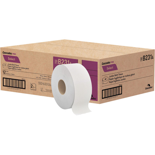 Pro Select&reg; Toilet Paper, Jumbo Roll, 2 Ply, 750' Length, White Trail Hammer and Bolt