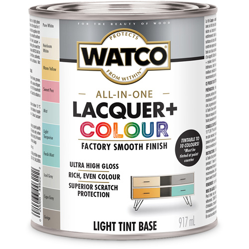 Composant de base clair pour finition laqu&eacute;e + couleur tout-en-un Watco, 946 ml, Base &agrave; ton clair, Tr&egrave;s brillant Trail Hammer and Bolt