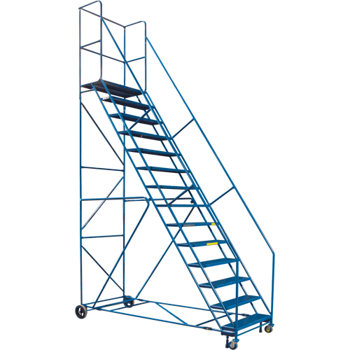 CSA-Certified Rolling Step Ladder with Locking Step, 14 Steps, 30" Step Width, 128" Platform Height, Steel Trail Hammer and Bolt