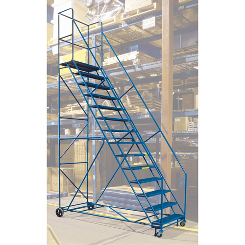 CSA-Certified Rolling Step Ladder with Locking Step, 14 Steps, 30" Step Width, 128" Platform Height, Steel Trail Hammer and Bolt