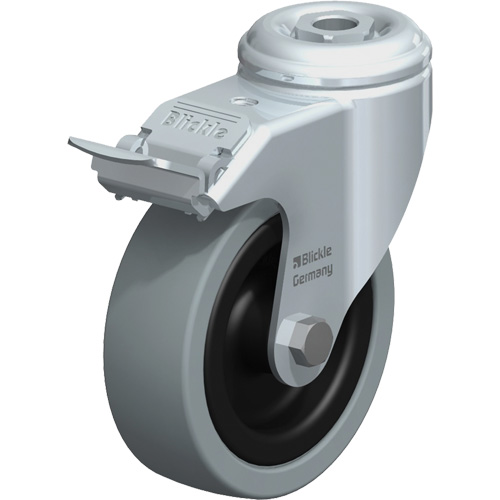 Light-Duty Caster, Swivel with Brake, 4" (101.6 mm), Solid Rubber, 242 lbs. (110 kg.) Trail Hammer and Bolt
