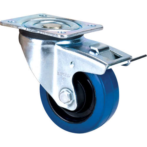 Blue Caster, Swivel with Brake, 4" (101.6 mm), Rubber, 350 lbs. (158.8 kg.) Trail Hammer and Bolt