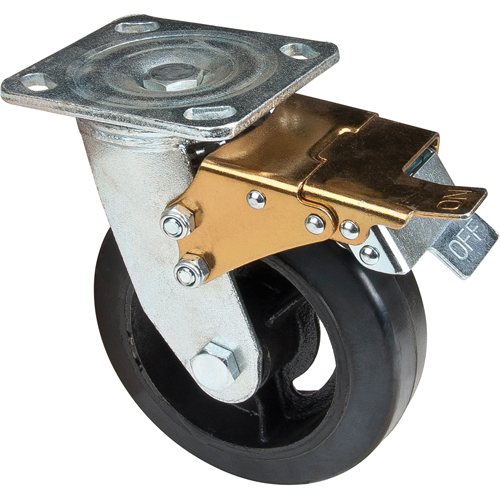 Mold-on Caster, Swivel with Brake, 6" (152.4 mm), Rubber, 550 lbs. (249 kg.) Trail Hammer and Bolt