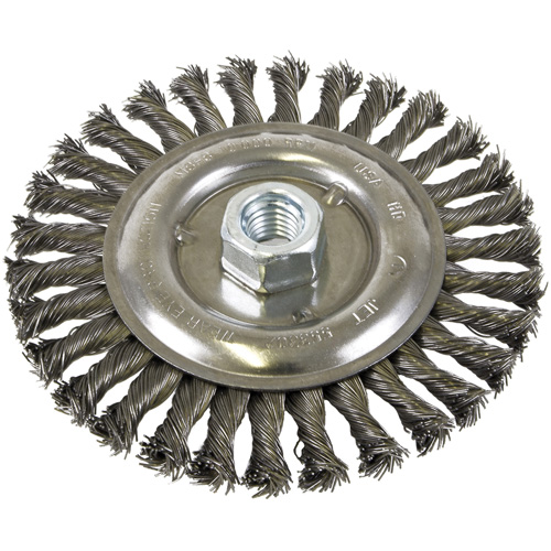Standard Face Knot Wire Wheel Threaded, 6" Dia., 0.022" Fill, 5/8"-11 Arbor, Steel Trail Hammer and Bolt
