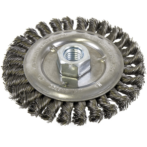Standard Face Knot Wire Wheel Threaded, 5" Dia., 0.022" Fill, 5/8"-11 Arbor, Steel Trail Hammer and Bolt