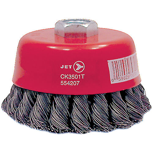 CK3501T High Performance Knot Twisted Cup Brush, 3-1/2" Dia., 0.02" Fill, 5/8"-11 Arbor, Steel Trail Hammer and Bolt