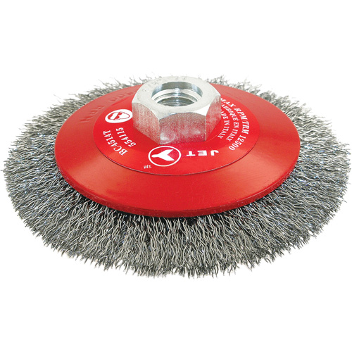 High-Performance Bevel Crimped Conical Brush, 4-1/2" Dia., 0.014" Fill, 5/8"-11 Arbor, Steel Trail Hammer and Bolt