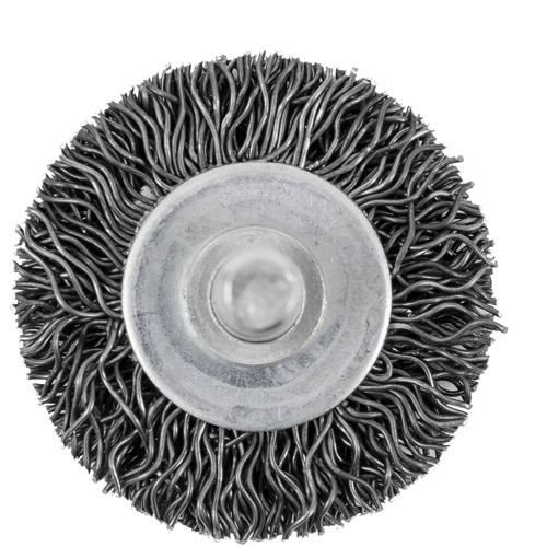 Brosse radiale &agrave; fils cr&ecirc;p&eacute;s mont&eacute; sur mandrin 126, 1-1/2", Fils 0,02", Tige 1/4" Trail Hammer and Bolt