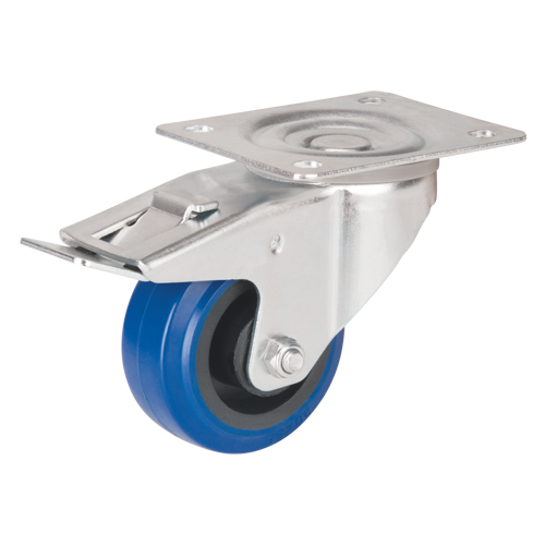 Blue Caster, Swivel with Brake, 3" (76 mm), Rubber, 285 lbs. (129 kg.) Trail Hammer and Bolt