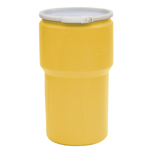 Baril emboîtable en poly&eacute;thyl&egrave;ne, 14 gal. US (11,7 gal. imp.), Dessus ouvert, Jaune Trail Hammer and Bolt