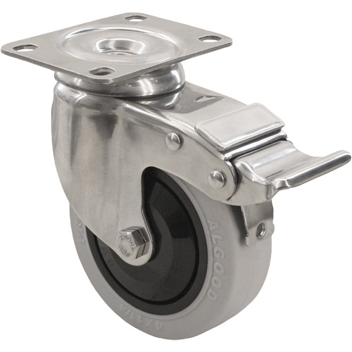 2309 Caster with Double Locking Brake, Swivel with Brake, 4" (101.6 mm), Envirothane Grey, 350 lbs. (158.8 kg.) Trail Hammer and Bolt