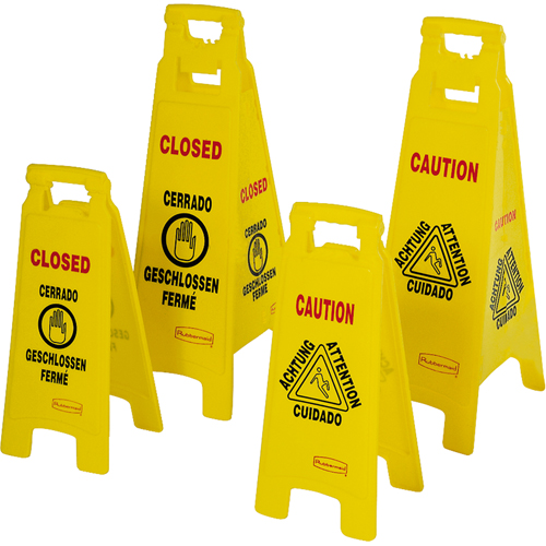 Wet Floor Safety Signs, Quadrilingual with Pictogram Trail Hammer and Bolt