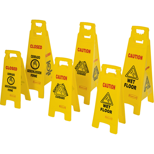 Wet Floor Safety Signs, Quadrilingual with Pictogram Trail Hammer and Bolt