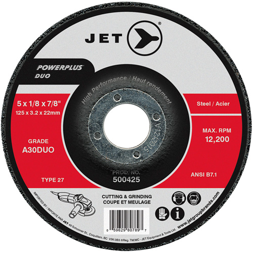 POWERPLUS DUO Cutting/Grinding Wheel, 5" x 1/8", 7/8" Arbor, Type 27, A30DUO Grit Trail Hammer and Bolt