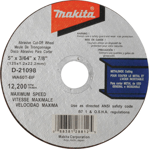 Thin Kerf Cut-Off Wheel, 5" x 3/64", 7/8" Arbor, Type 1, Aluminum Oxide, 12200 RPM Trail Hammer and Bolt