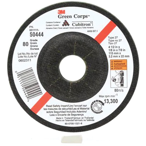 Green Corps Flexible Grinding Wheel, 4-1/2" x 1/8", 7/8" Arbor, Ceramic, Type 27 Trail Hammer and Bolt