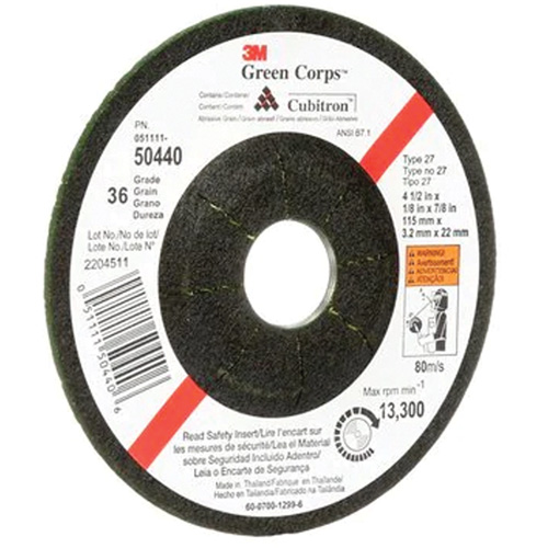 Green Corps Flexible Grinding Wheel, 4-1/2" x 1/8", 7/8" Arbor, Ceramic, Type 27 Trail Hammer and Bolt
