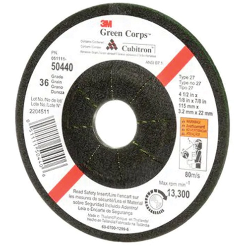 Green Corps Flexible Grinding Wheel, 4-1/2" x 1/8", 7/8" Arbor, Ceramic, Type 27 Trail Hammer and Bolt