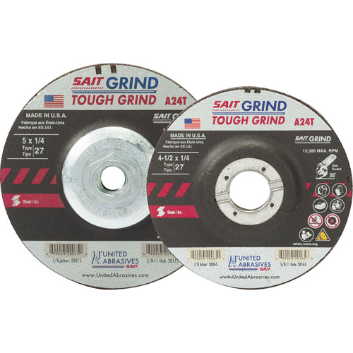 Meule A24T Tough Grind, 5" x 1/4", Arbre 7/8", Oxyde d'aluminium, Type 27 Trail Hammer and Bolt
