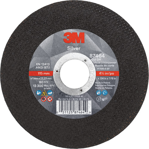 Silver Cut-Off Wheel, 4-1/2" x 0.04", 7/8" Arbor, Type 1, Ceramic, 13300 RPM Trail Hammer and Bolt