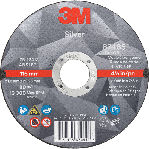 Silver Cut-Off Wheel, 4-1/2" x 0.045", 7/8" Arbor, Type 1, Ceramic, 13300 RPM Trail Hammer and Bolt