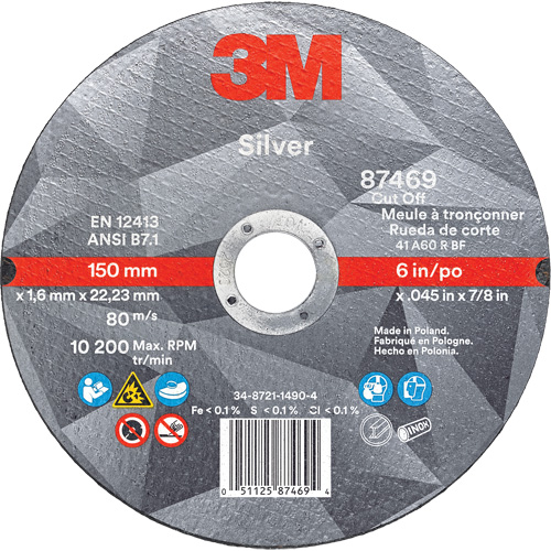 Silver Cut-Off Wheel, 6" x 0.045", 7/8" Arbor, Type 1, Ceramic, 10200 RPM Trail Hammer and Bolt