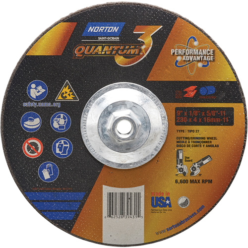 Quantum3 Grinding & Cutting Wheel, 9" x 1/8", 5/8"-11 Arbor, Type 27, 24 Grit, Ceramic Alumina Trail Hammer and Bolt