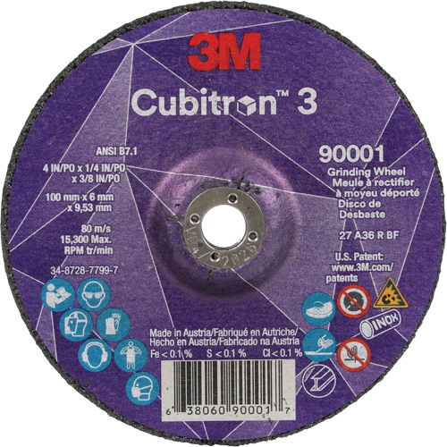 Meule a moyeu d&eacute;port&eacute; Cubitron 3, 4" x 1/4", Arbre 3/8", C&eacute;ramique, Type T27 Trail Hammer and Bolt