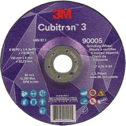 Cubitron 3 Depressed Centre Grinding Wheel, 6" x 1/4", 7/8" Arbor, Ceramic, Type T27 Trail Hammer and Bolt