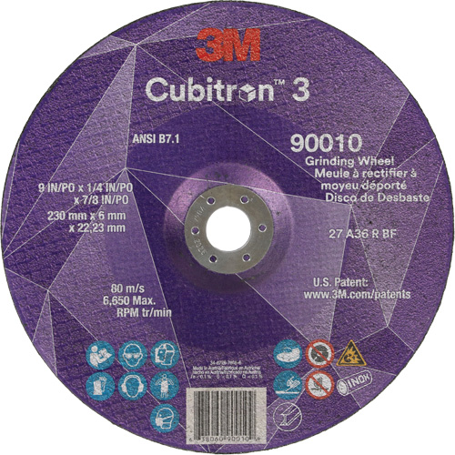 Cubitron 3 Depressed Centre Grinding Wheel, 9" x 1/4", 7/8" Arbor, Ceramic, Type T27 Trail Hammer and Bolt