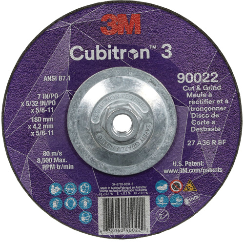 Meule &agrave; rectifier et &agrave; tronçonner Cubitron 3, 7" x 5/32", Arbre de 5/8"-11, Type 27, Grain de 36, C&eacute;ramique Trail Hammer and Bolt