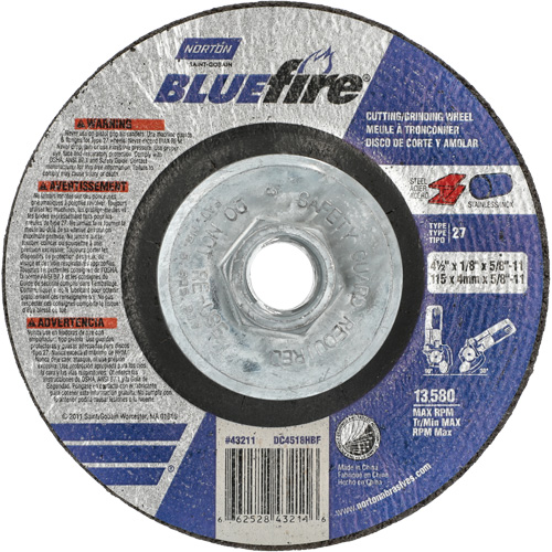 BlueFire Grinding & Cutting Wheel, 4-1/2" x 1/8", 5/8"-11 Arbor, Type 27, Zirconia Alumina Trail Hammer and Bolt