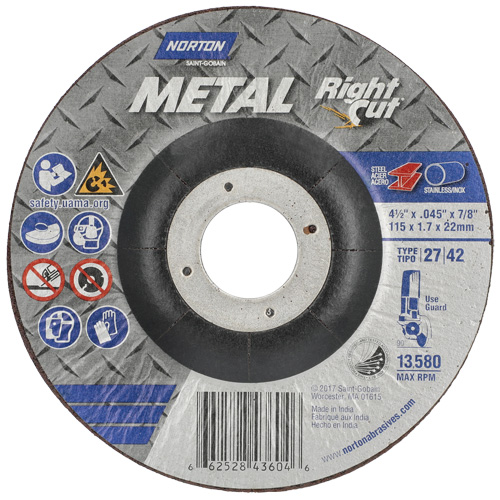 Metal RightCut Right Angle Cut-Off Wheel, 4-1/2" x 0.045", 7/8" Arbor, Type 27, Aluminum Oxide, 13580 RPM Trail Hammer and Bolt