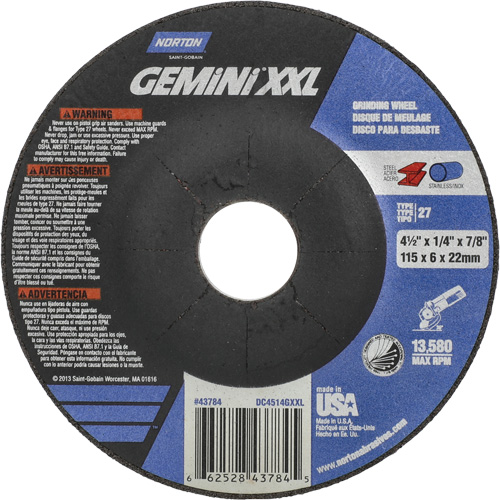 Gemini XXL Grinding Wheel, 4-1/2" x 1/4", 7/8" Arbor, Aluminum Oxide, Type 27 Trail Hammer and Bolt