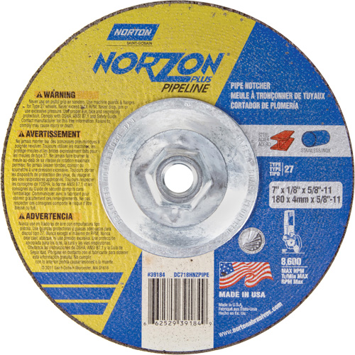 NorZon Plus SGZ Right Angle Cut-Off Wheel, 7" x 1/8", 5/8"-11 Arbor, Type 27/42, Ceramic Alumina, 8600 RPM Trail Hammer and Bolt